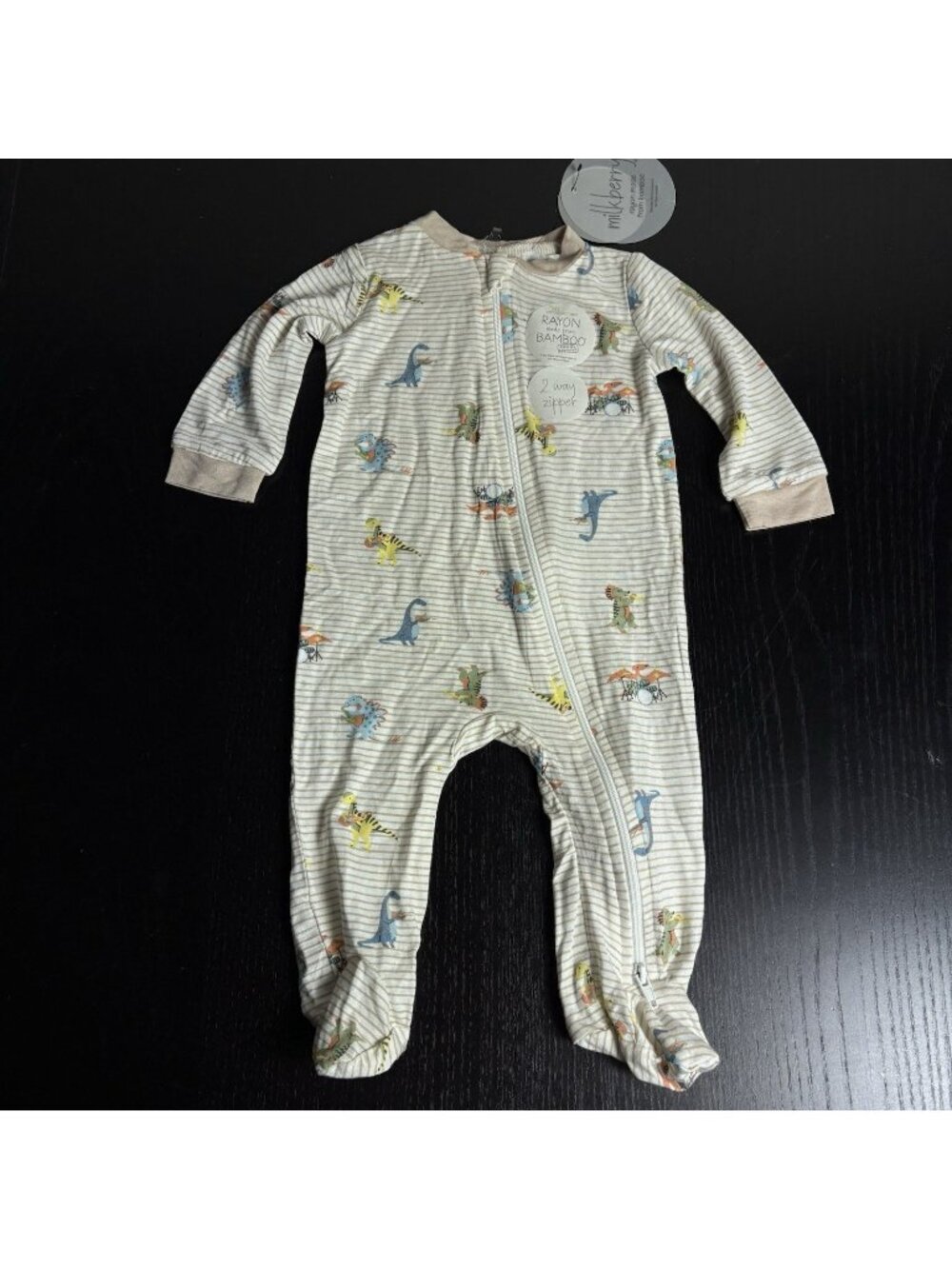 NWT MILKBERRY Baby 0-3M Dinosaur Print Striped Bamboo Footie One-Piece Romper